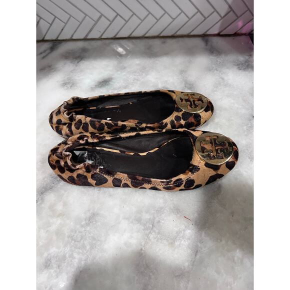 Tory Burch Eddie Leopard Calf Hair Ballet Flats Gold Logo Size 8 Made in Brazil - Picture 9 of 13